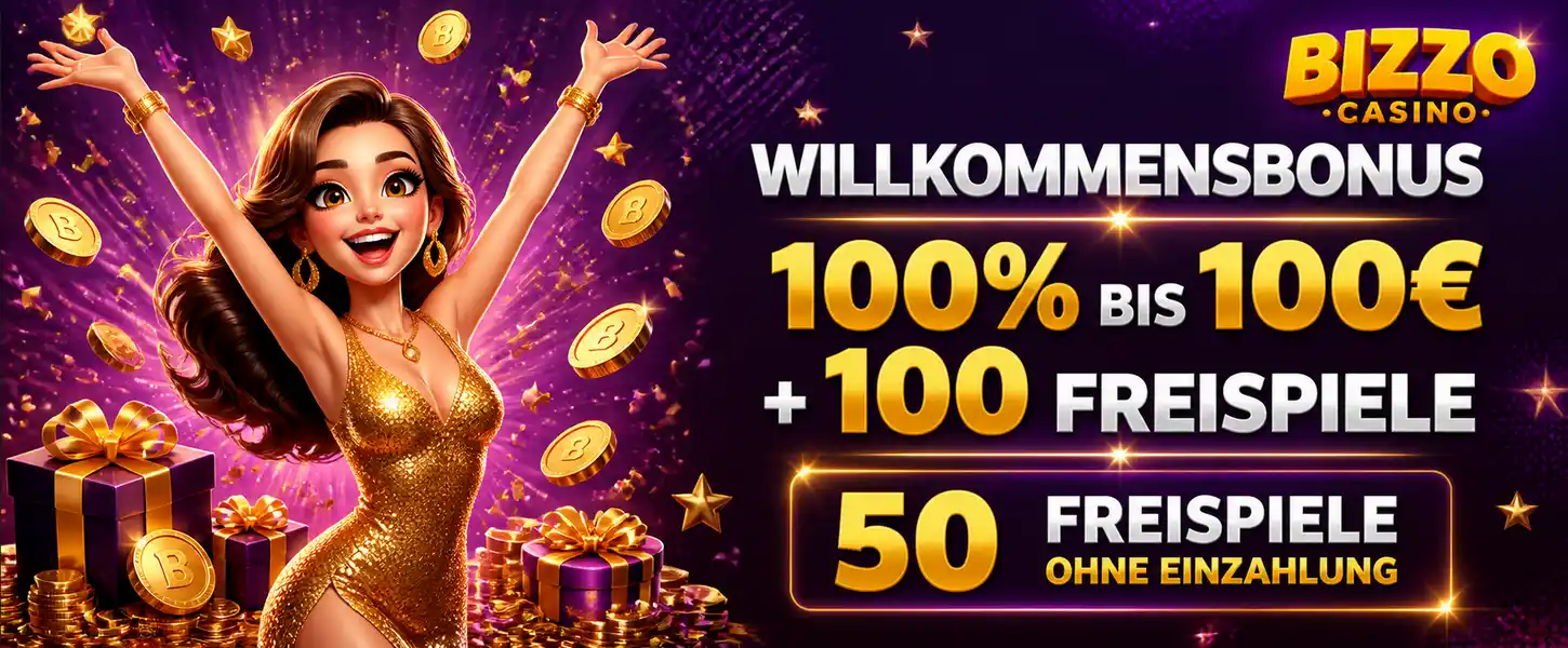 Bizzo Casino Willkommensbonus 100% bis 100 Euro und 50 Freispiele ohne Einzahlung